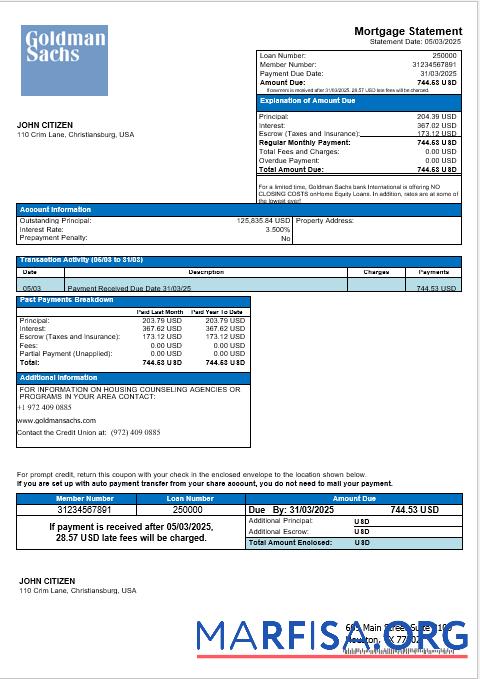 Realistic USA Goldman Sachs bank mortgage statement in Word and PDF formats sample